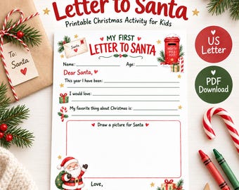 My First Letter to Santa Printable, Kids Christmas Activity, Preschool Santa Letter, Christmas Eve Activity, Instant Download PDF
