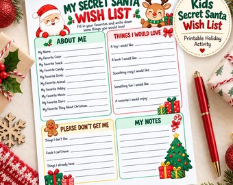 Kids Secret Santa Wish List Printable, Christmas Wish List for Kids, Holiday Gift Exchange Questionnaire, Secret Santa Kids Activity