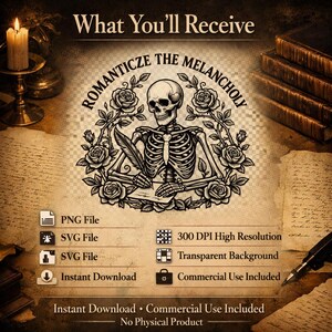 Puede incluir: Gr&aacute;fico digital con un esqueleto escribiendo con una pluma, rodeado de rosas, y el texto "ROMANTICZE THE MELANCHOLY". Incluye iconos de tipo de archivo PNG y SVG, y detalles sobre resoluci&oacute;n, fondo y uso.