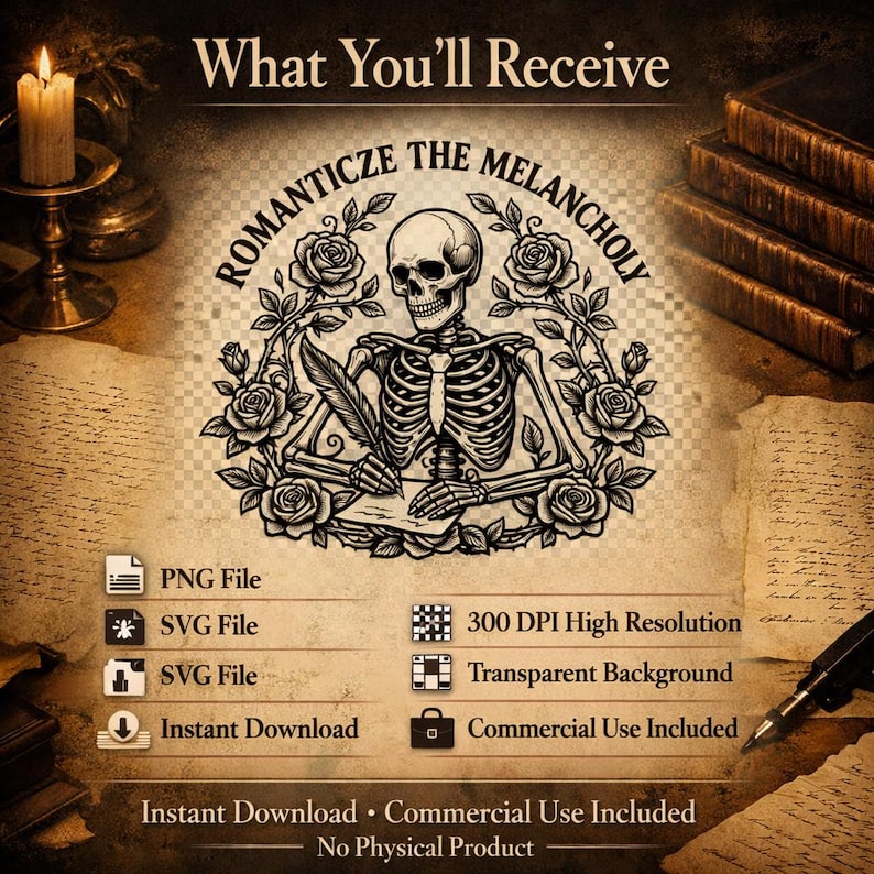 Puede incluir: Gr&aacute;fico digital con un esqueleto escribiendo con una pluma, rodeado de rosas, y el texto "ROMANTICZE THE MELANCHOLY". Incluye iconos de tipo de archivo PNG y SVG, y detalles sobre resoluci&oacute;n, fondo y uso.