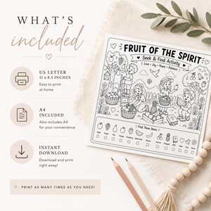 Puede incluir: Hoja de actividades imprimible en blanco y negro titulada "Fruto del Esp&iacute;ritu" con un juego de buscar y encontrar. Incluye el texto "Amor, Alegr&iacute;a, Paz, Paciencia". Tambi&eacute;n incluye tama&ntilde;os US Letter y A4. Presenta ilustraciones de ni&ntilde;os y frutas.