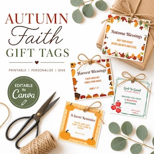 May include: Square gift tags featuring autumn-themed illustrations of pumpkins, leaves, and apples. The tags include text such as Autumn Blessings, Harvest Blessings, God Is Good, and A Sweet Reminder, paired with twine, scissors, and a gift box.