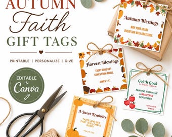 Editable Christian Fall Gift Tags | Bible Verse Gift Tags | Autumn Gift Tags | Canva Template | Church Favor Tags | Secret Sister