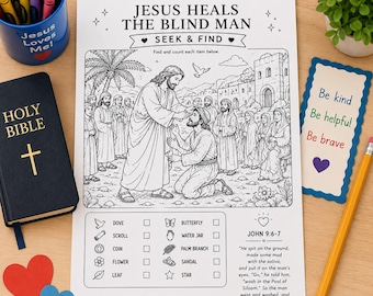 Jesus heilt den Blinden, suche und finde Printable | Bibelaktivität für Kinder | Sonntagsschule Aktivität