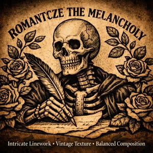 Puede incluir: Ilustraci&oacute;n de estilo vintage que presenta un esqueleto escribiendo con una pluma, rodeado de rosas. El texto "ROMANTCZE THE MELANCHOLY" est&aacute; arqueado sobre el esqueleto. El texto adicional en la parte inferior dice "Intricate Linework &bull; Vintage Texture &bull; Balanced Composition".