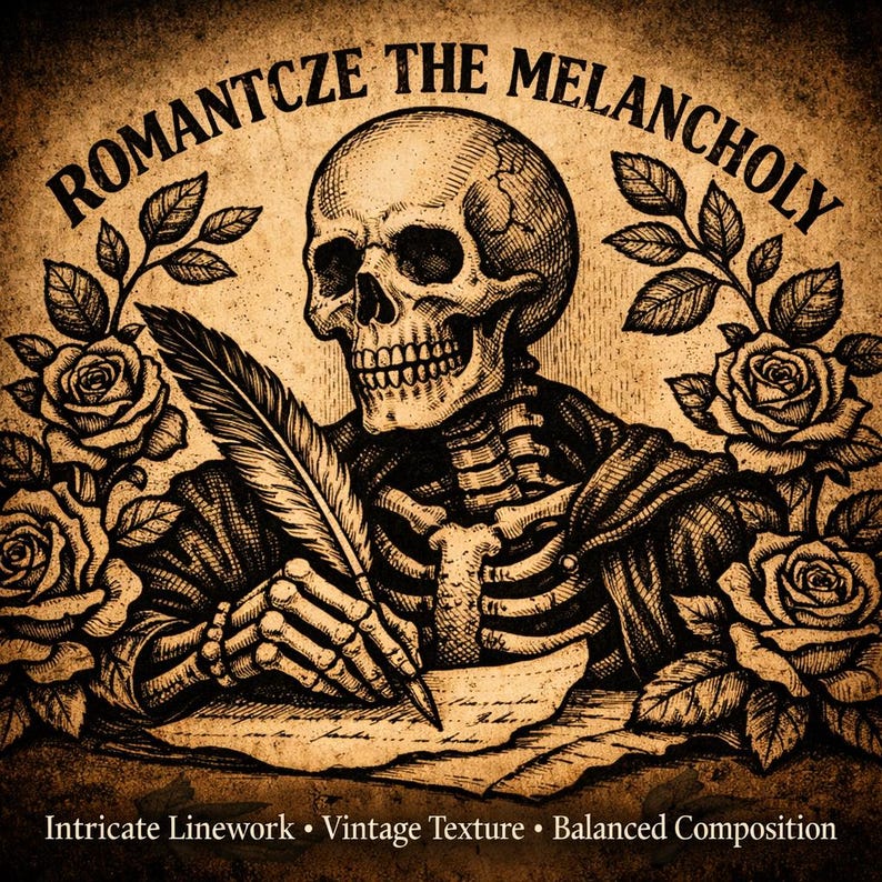 Puede incluir: Ilustraci&oacute;n de estilo vintage que presenta un esqueleto escribiendo con una pluma, rodeado de rosas. El texto "ROMANTCZE THE MELANCHOLY" est&aacute; arqueado sobre el esqueleto. El texto adicional en la parte inferior dice "Intricate Linework &bull; Vintage Texture &bull; Balanced Composition".