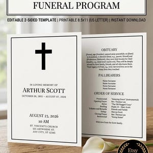 Minimalist Funeral Program Template, Simple Cross Memorial Service Program, Printable Celebration of Life Order of Service, 2 Sided