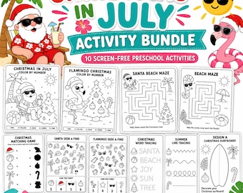 Christmas in July Preschool Activity Bundle, Summer Christmas Printable Games, Mazes Matching Tracing Seek and Find
