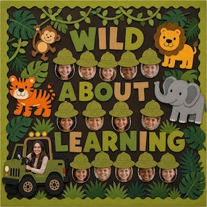 Kit per bacheca a tema safari stampabile / Decorazioni per la classe a tema "Wild About Learning" / Bacheca a tema giungla / Foto degli studenti con cappelli da safari