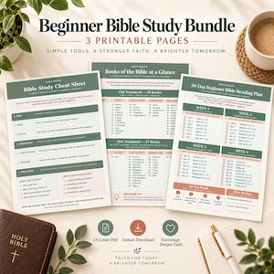Peut inclure: Un ensemble d'étude biblique pour débutants comprenant trois pages imprimables intitulées Bible Study Cheat Sheet, Books of the Bible at a Glance et 30-Day Beginner Bible Reading Plan. Les documents utilisent une palette de vert sauge, rose et blanc.
