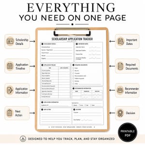 May include: A scholarship application tracker form on a wooden clipboard. The document features sections for scholarship details, important dates, application timeline, required documents, recommender information, application information, next action, and decision.