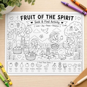 Puede incluir: Hoja de actividades para colorear en blanco y negro titulada "FRUIT OF THE SPIRIT" con ilustraciones de ni&ntilde;os, &aacute;rboles y frutas. Incluye el texto "Seek & Find Activity" y una lista de elementos para encontrar, como manzanas, uvas y una biblia.