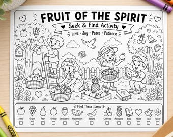 Frucht des Geistes-Suche & Finde Printable | Christliche Bibelaktivität für Kinder | Sonntagsschule Arbeitsblatt zum Ausmalen | PDF für Hausschule