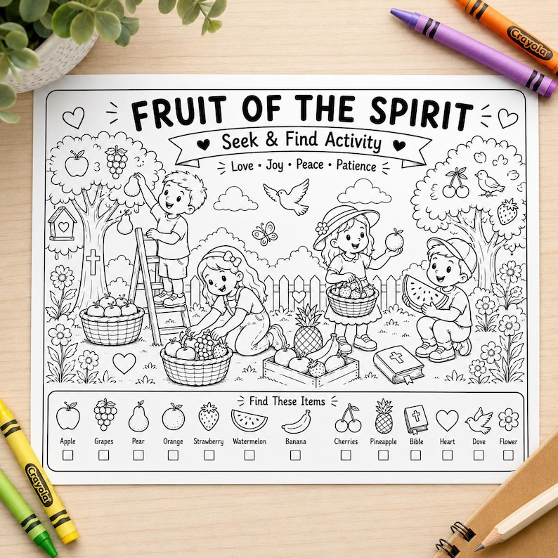 Puede incluir: Hoja de actividades para colorear en blanco y negro titulada "FRUIT OF THE SPIRIT" con ilustraciones de ni&ntilde;os, &aacute;rboles y frutas. Incluye el texto "Seek & Find Activity" y una lista de elementos para encontrar, como manzanas, uvas y una biblia.