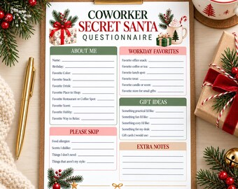 Coworker Secret Santa Questionnaire, Office Gift Exchange Printable, Christmas Favorites Form, Work Secret Santa, Holiday Gift Exchange