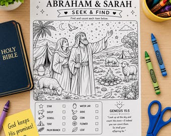 Abraham and Sarah Seek and Find Printable | Bible Activity for Kids | Sunday School Worksheet | Christian Homeschool Activity | Genesis 15