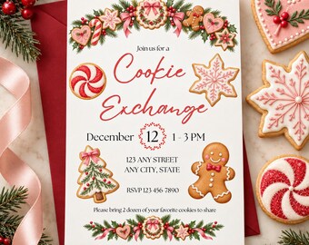 Invitación editable para intercambio de galletas en Canva, invitación para intercambio de galletas navideñas, invitación para fiesta de repostería navideña, plantilla imprimible de 5x7 pulgadas.