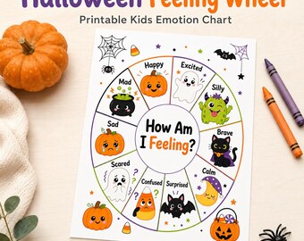 Puede incluir: Una tabla de emociones para niños imprimible Halloween Feeling Wheel con un diagrama circular que incluye ilustraciones de calabaza, fantasma, monstruo, gato, luna, murciélago y maíz dulce. El texto dice Halloween Feeling Wheel, Printable Kids Emotion Chart y How Am I Feeling? con etiquetas para varias emociones.