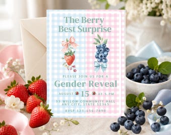 Beere Gender Reveal Einladung Vorlage, Aquarell Gingham Digital DIY, Erdbeere Blaubeere Babyparty einladen, Rosa Blau Er oder sie Party
