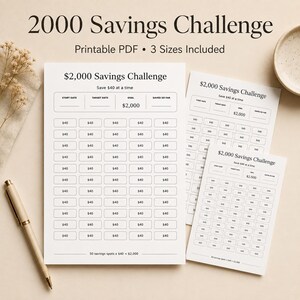 Pode incluir: Um rastreador de poupança 2000 Savings Challenge em PDF imprimível em três tamanhos. O papel branco apresenta um cabeçalho, campos para data de início, data alvo, meta de $2.000 e 50 caixas individuais marcadas com $40.