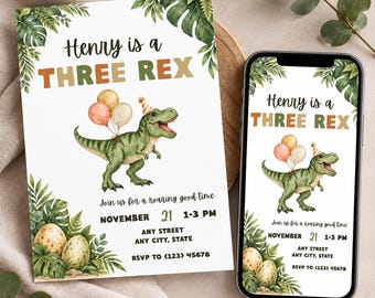 Three Rex Birthday Invitation, Editable Dinosaur Birthday Invite, 3rd Birthday Party Invitation, T Rex Canva Template, Dino Birthday Invite