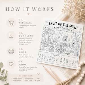 Puede incluir: Una hoja de actividades de b&uacute;squeda y hallazgo "Fruto del Esp&iacute;ritu" en blanco y negro. La hoja presenta ilustraciones de ni&ntilde;os recogiendo fruta, con las palabras "Amor, Alegr&iacute;a, Paz, Paciencia" encima. El texto "How it Works" est&aacute; en la parte superior.