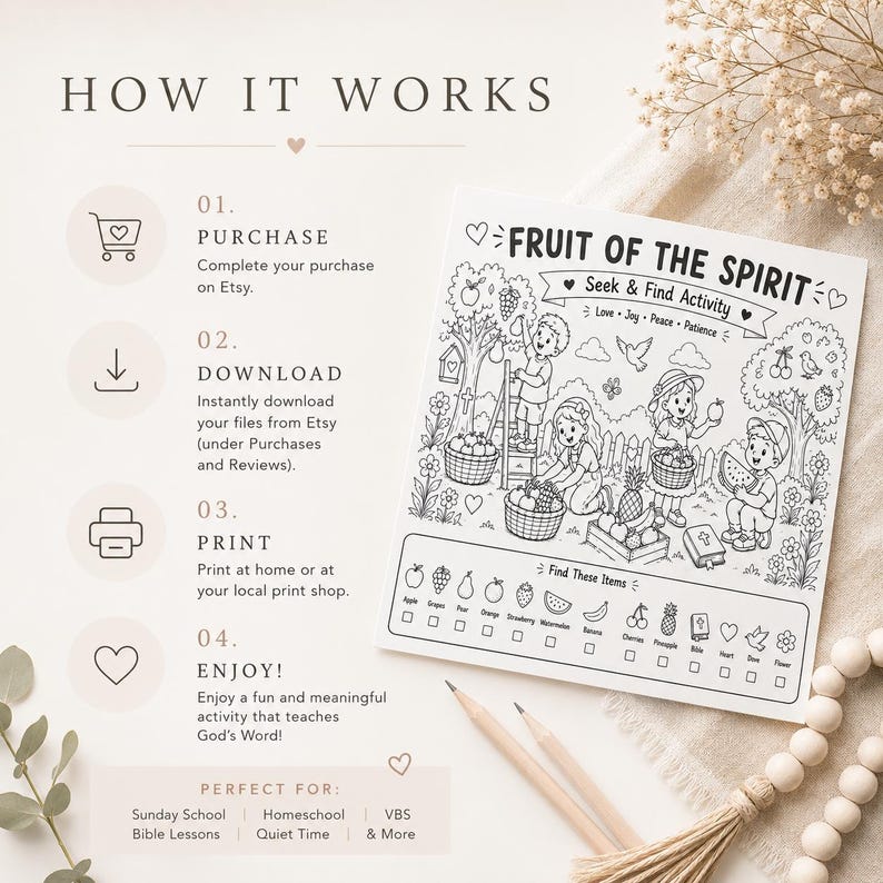 Puede incluir: Una hoja de actividades de b&uacute;squeda y hallazgo "Fruto del Esp&iacute;ritu" en blanco y negro. La hoja presenta ilustraciones de ni&ntilde;os recogiendo fruta, con las palabras "Amor, Alegr&iacute;a, Paz, Paciencia" encima. El texto "How it Works" est&aacute; en la parte superior.