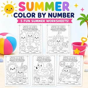 May include: Summer-themed color-by-number worksheets. The image features five coloring pages with summer-related illustrations, including ice cream, a beach scene, and a flamingo. The text reads "Summer Color by Number" and "5 Fun Summer Worksheets!"