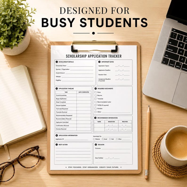 May include: A scholarship application tracker printed on white paper, secured on a wooden clipboard. The document features sections for scholarship details, important dates, application timelines, required documents, and recommender information.