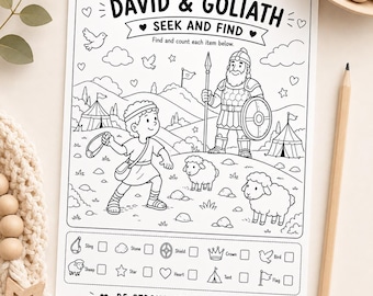 Davide e Golia: cerca e trova - Attività stampabile per bambini, pagina di attività biblica, gioco per la scuola domenicale, scheda di lavoro VBS, bambini cristiani