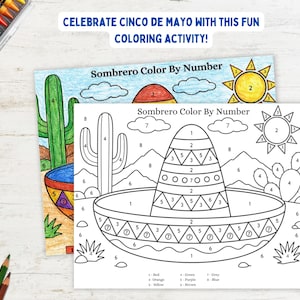 Peut inclure: Deux pages de coloriage "Sombrero Color By Number". L'une est colorée avec un cactus, un soleil et un sombrero. L'autre est un contour noir et blanc d'un sombrero, d'un soleil et d'un cactus. Le texte dit "Célébrez le Cinco de Mayo avec cette activité de coloriage amusante !"