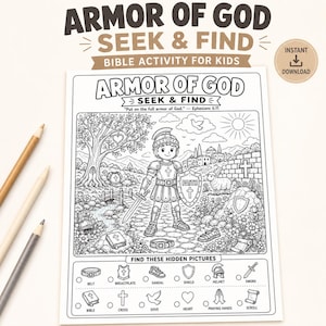 Pode incluir: Uma folha de atividades em preto e branco intitulada Armor of God Seek & Find. A ilustração mostra uma figura com armadura segurando um escudo com a palavra Faith, em uma paisagem com árvore, ponte e ovelha. Abaixo, ícones para encontrar incluem cinto, peitoral, sandália, escudo, capacete, espada, bíblia, cruz, pomba, coração, mãos em oração e pergaminho.