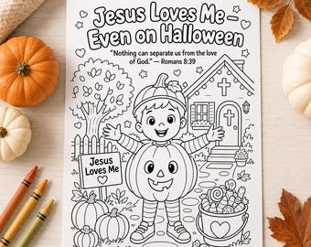 Jesus Loves Me Halloween Coloring Page, Christian Halloween Printable, Romans 8:39 Sunday School Activity, Bible Coloring Page for Kids