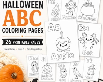Halloween Alphabet Coloring Pages, ABC Coloring Book for Kids, Preschool Halloween Printable, A-Z Letter Activity, Kindergarten Worksheets
