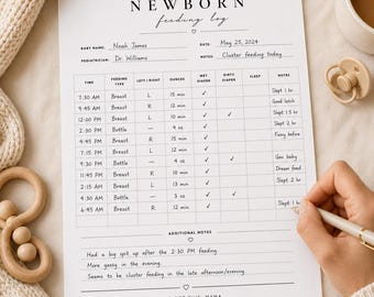 May include: A white newborn feeding log sheet with black text and a grid for tracking time, feeding type, side, ounces, diapers, sleep, and notes. The form includes fields for baby name, date, pediatrician, and a section for additional notes.