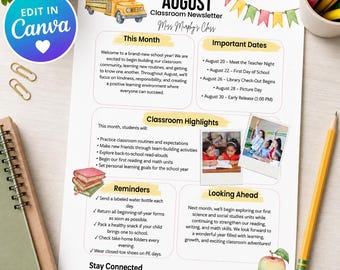 August Klassenzimmer Newsletter Vorlage | Bearbeitbarer Lehrer Rundschreiben | Zurück zu Schule Elternmitteilung | Monatlicher Newsletter