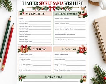 Teacher Secret Santa Wish List Printable, Teacher Favorites Questionnaire, Staff Gift Exchange Form, Christmas Teacher Printable