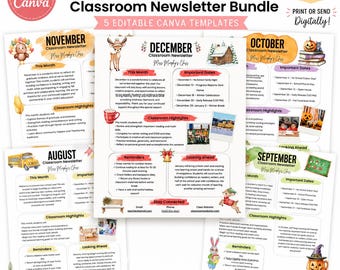 Bearbeitbare Klassenzimmer Newsletter Bundle Canva Vorlage | Elternbrief August Dezember | Monatlicher Lehrer Rundbrief | Zurück in der Schule