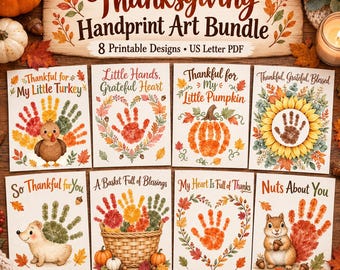 Thanksgiving Handprint Craft Bundle, Fall Handprint Art Printable, Preschool Thanksgiving Activity, Kids Keepsake PDF, 8 Designs