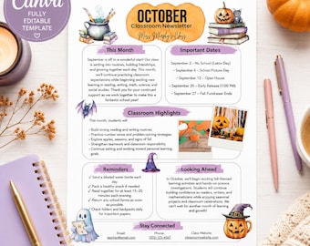 Oktober Klassenzimmer Newsletter Vorlage | Bearbeitbarer Canva Lehrer Newsletter | Halloween Herbst Elternbrief | Elementar Rundbrief