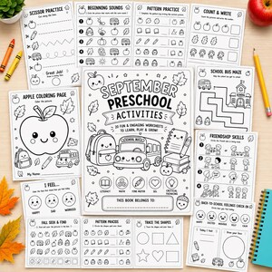 May include: A collection of black and white preschool activity worksheets featuring themes of apples, school buses, and autumn leaves. The central cover page is titled September Preschool Activities and includes illustrations of a backpack and bus.