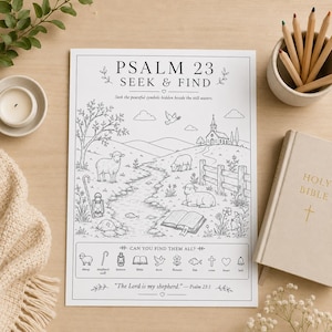 May include: A black and white Psalm 23 seek and find activity sheet featuring a pastoral landscape with sheep, a stream, a church, and an open book. The page includes a list of items to locate and the text The Lord is my shepherd Psalm 23:1.