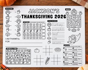 Personalized Thanksgiving Activity Page for Kids, Editable Name Canva Template, Thanksgiving Printable Placemat, Classroom Kids Activity