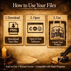 Puede incluir: Un gr&aacute;fico instructivo titulado "C&oacute;mo usar tus archivos". Muestra los pasos: Descargar un archivo PNG, Abrir en software como Cricut o Canva y Crear tu proyecto. La imagen tiene una est&eacute;tica vintage con una vela y un tintero.