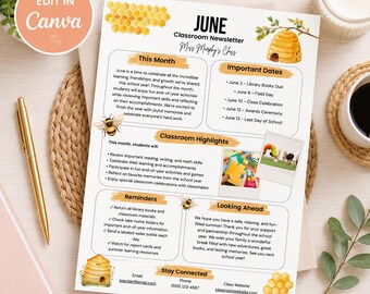 6月の教室ニュースレターテンプレート｜編集可能なCanva教師用ニュースレター｜夏の保護者向けニュースレター｜印刷可能な学校ニュースレター