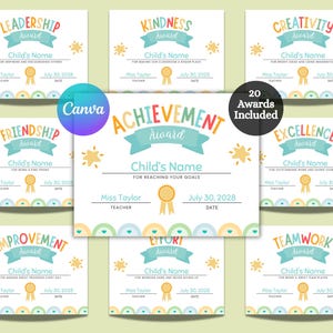 May include: A collection of 20 colorful achievement awards. Each certificate features a unique title like "Leadership" or "Kindness," with space for a child's name, date, and teacher. The awards have a playful design with star and ribbon accents.