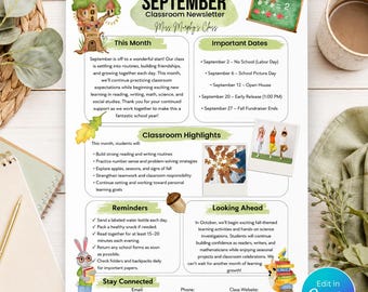 September Klassenzimmer Newsletter Vorlage | Bearbeitbarer Canva Lehrer Newsletter | Monatlicher Elternbrief | Rundbrief für die Elementarklasse