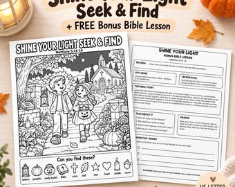 Shine Your Light Seek and Find Printable, Christian Halloween Activity for Kids, Matthew 5 Sunday School Worksheet, Bonus Bible Lesson