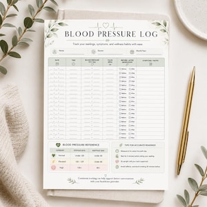 May include: A white blood pressure log with green floral accents and the title "BLOOD PRESSURE LOG". The log includes sections for date, time, blood pressure, pulse, medication, and symptoms. A gold pen rests on the side.