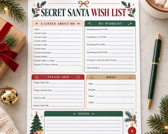 Teen Secret Santa Wish List Printable, Christmas Gift Exchange Questionnaire, Holiday Wish List for Teens, Secret Santa Form, Teen Christmas